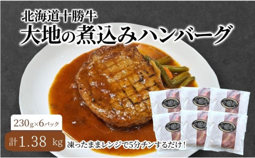 北海道 十勝牛 大地の煮込みハンバーグ230g×6パック 野菜入り お手軽レンチン【セット 牛100% 国産牛 牛肉 ハンバーグ 惣菜 小分け 冷凍 牛肉100% 大きい レンジ 簡単 国産 北海道 十勝 幕別 ふるさと納税 送料無料 】 [№5749-1360]